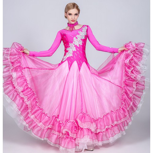 Women's ballroom dancing dresses waltz tango flamenco embroidered long length big skirts dresses costumes